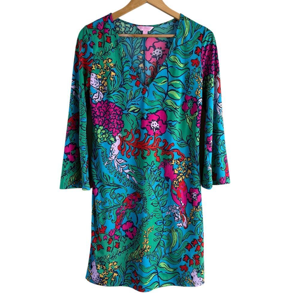 Lilly Pulitzer Jade Shift Dress in Multi Shake Your Tail Feather Green Pink, S
